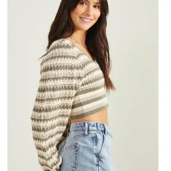 Altar'd Stare Briella striped knit sweater Sz M Crochet Cropped Boho - Picture 2 of 10